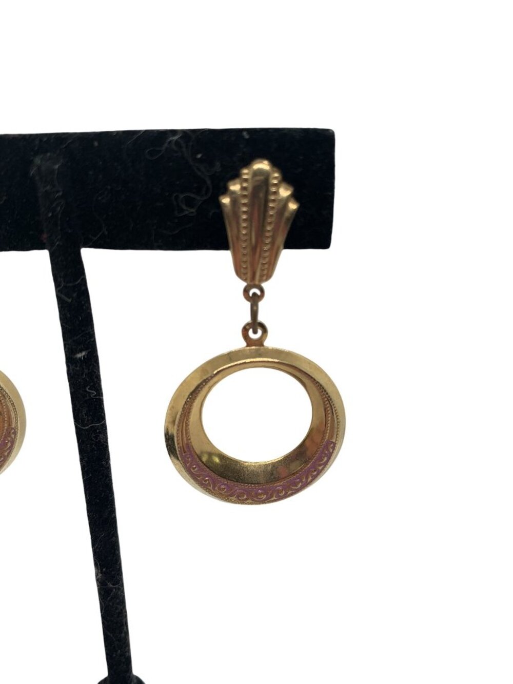 Vintage Gold-Tone Clip-On Dangle Hoop Earrings With Filigree Details